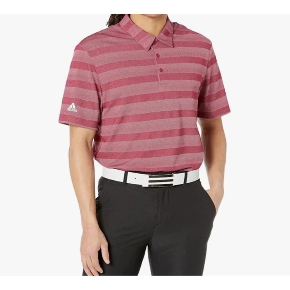 Adidas‎ Shirt Mens XL Pink Legacy Burgundy Striped golf polo shirt Short Sleeve